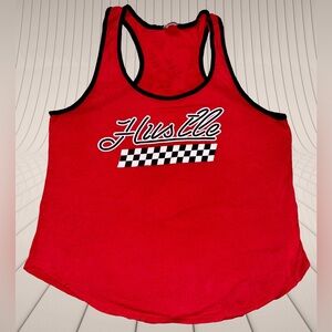 Women’s Size L Red "Hustle" Racing Checkered Flag Racerback Oversized Tank Top